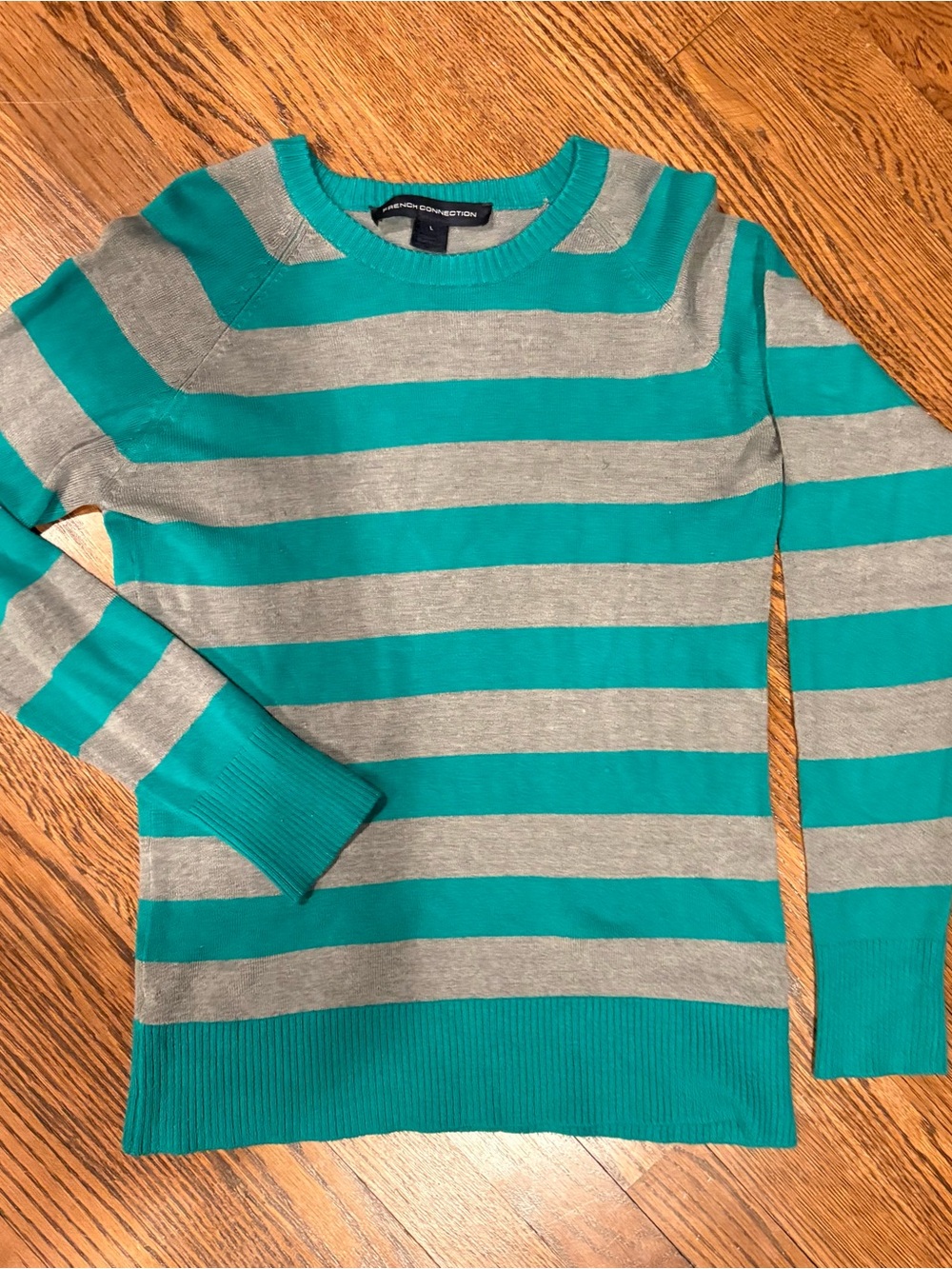 Striped Crewneck Sweater - Teal & Gray - French Connection Size Large